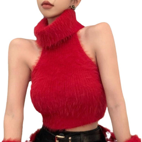 Damen Flauschiger Cropped Pullover mit Stehkragen und Oversize-Ärmeln EB