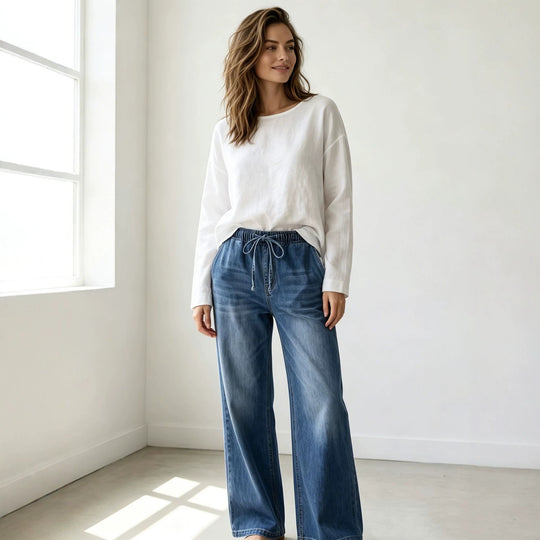 Damen nan Relaxed-Fit Denim-Hose mit elastischem Tunnelzugbund, dezentem Used-Effekt und weitem Bein EB