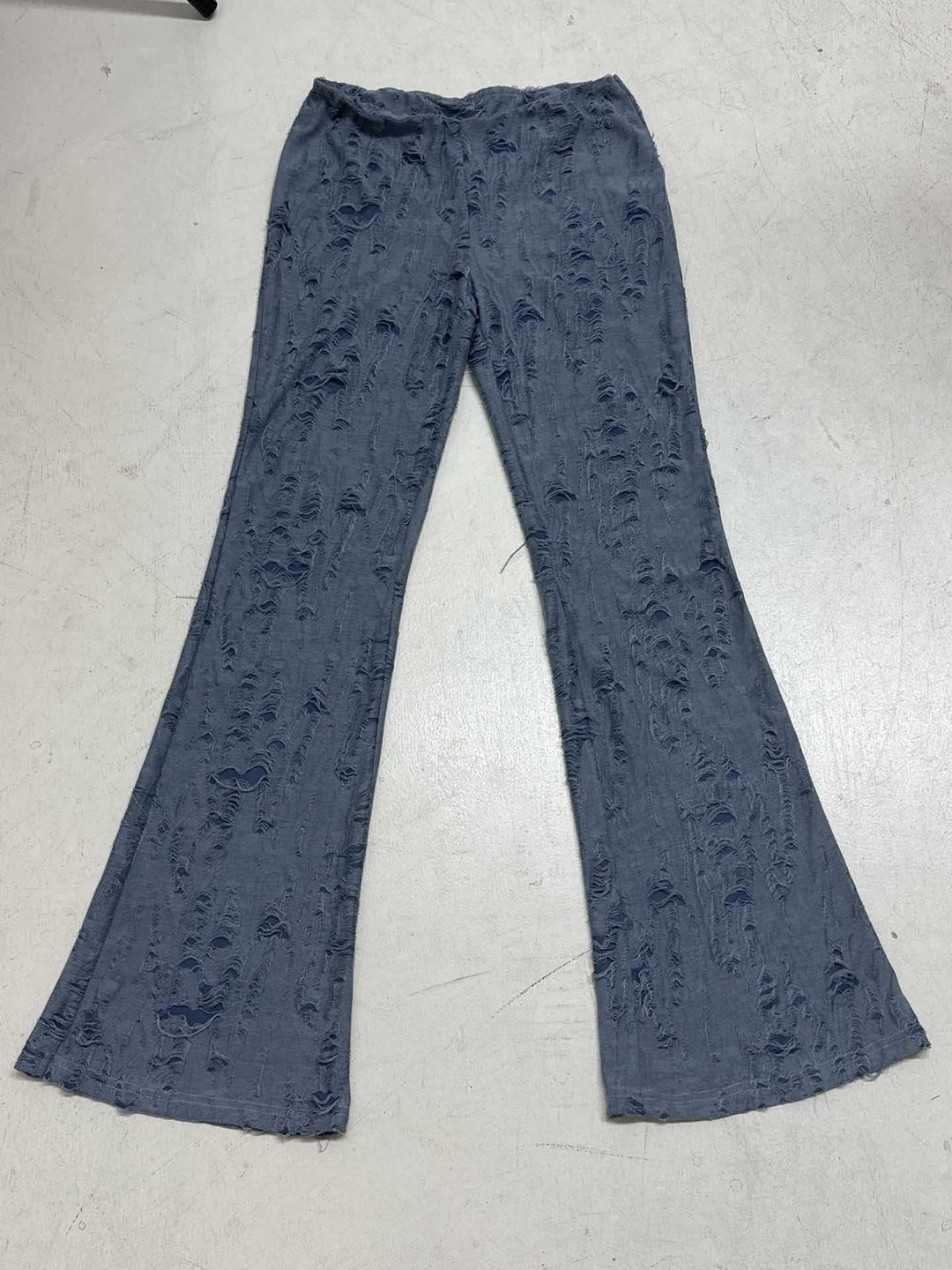 Damen nan ausgestellte Schlaghose mit hohem Bund, dehnbarer Denim-Optik und ausgefranster Destroyed-Struktur EB