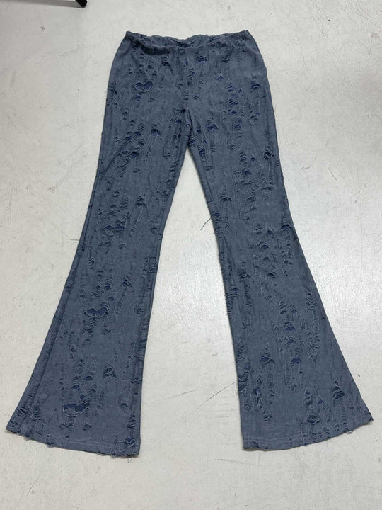 Damen nan ausgestellte Schlaghose mit hohem Bund, dehnbarer Denim-Optik und ausgefranster Destroyed-Struktur EB