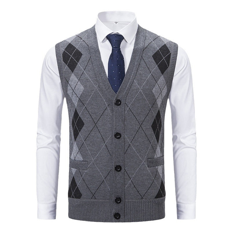 Herren elegante Strickjacke mit Rautenmuster und praktischen Taschen EB