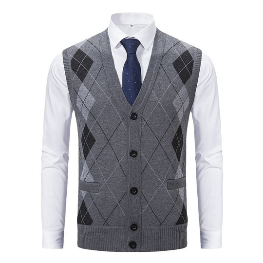 Herren elegante Strickjacke mit Rautenmuster und praktischen Taschen EB