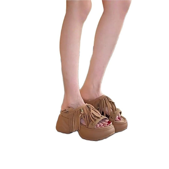 Damen Plateau-Sandalen mit fransiger Verzierungen EB