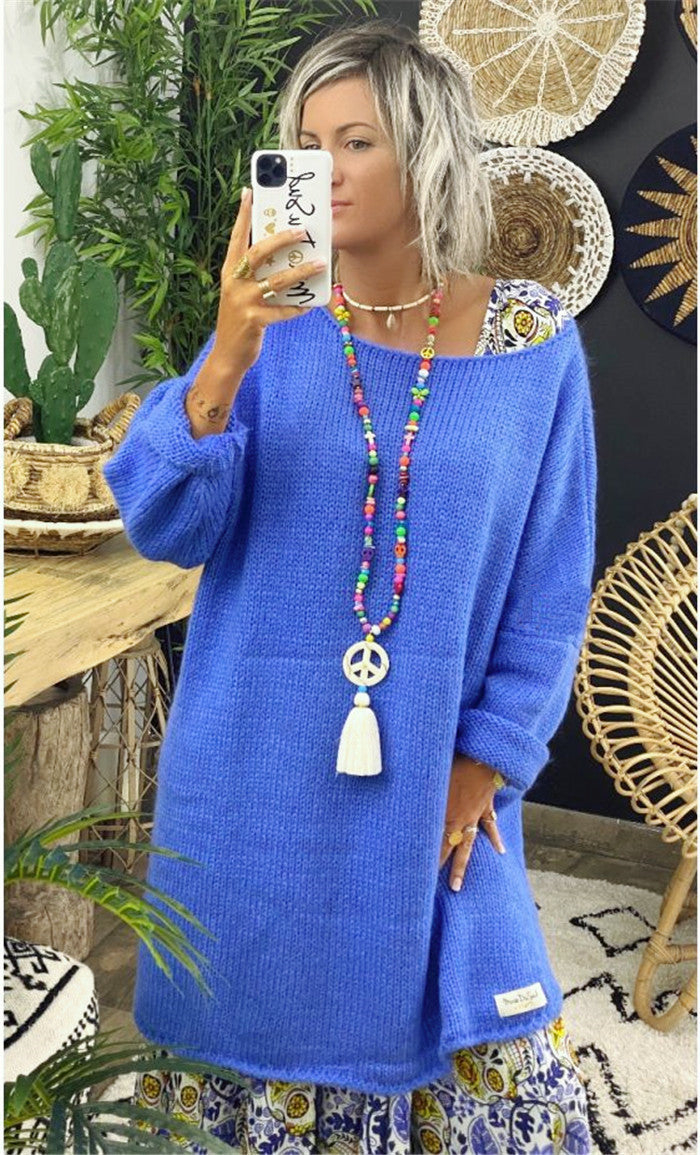 Damen lässiger Langarmstrickpullover im Oversized-Stil mit seitlichen Schlitzen EB