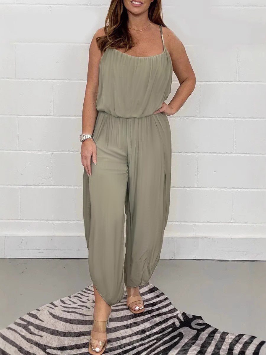 Damen luftiger Jumpsuit mit weitem Schnitt und verstellbaren Trägern EB