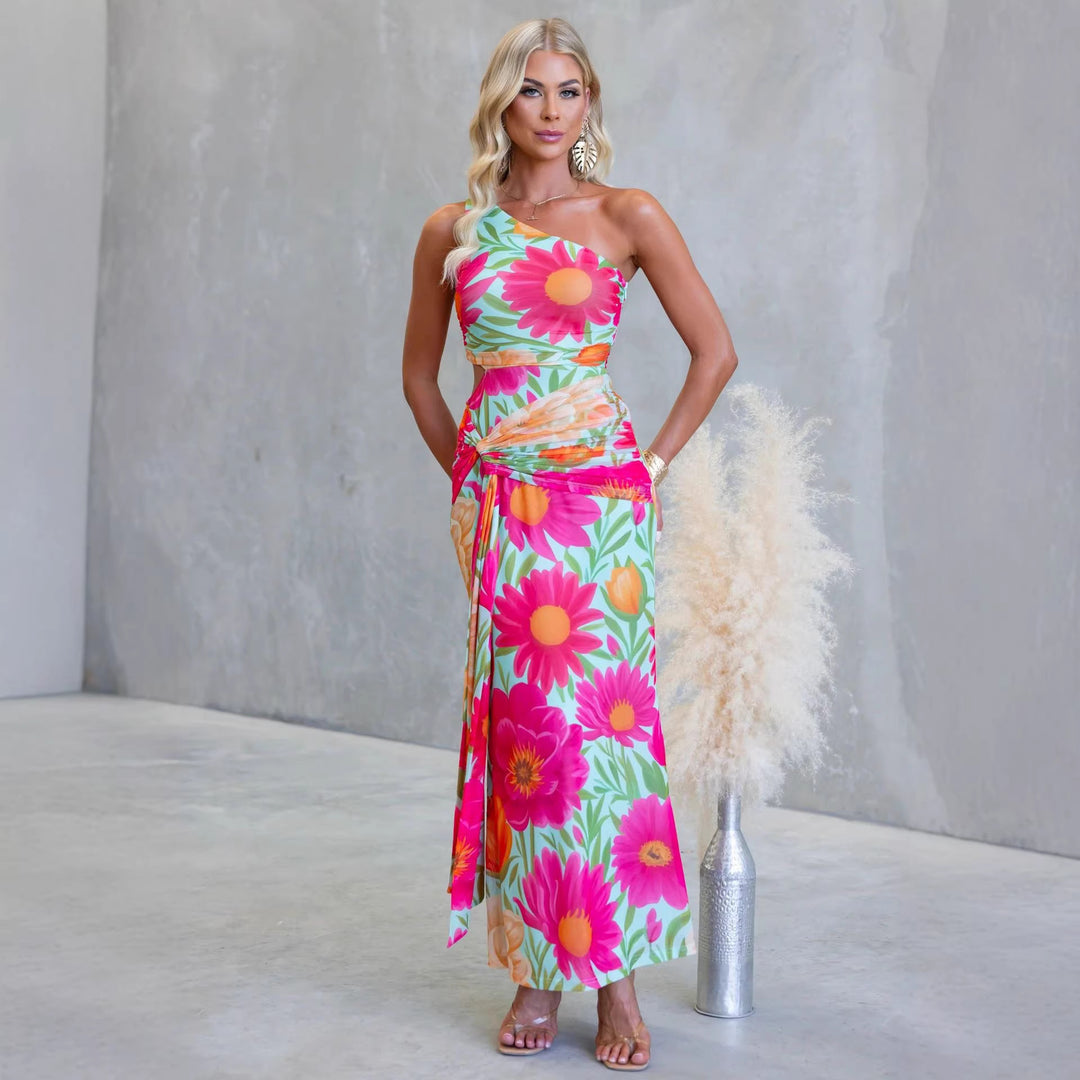 Damen Wickel-Maxikleid mit asymmetrischem Träger und floralen Akzenten EB