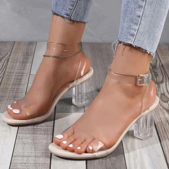 Damen elegante Sandaletten mit transparentem Riemen und glasklarem Absatz EB