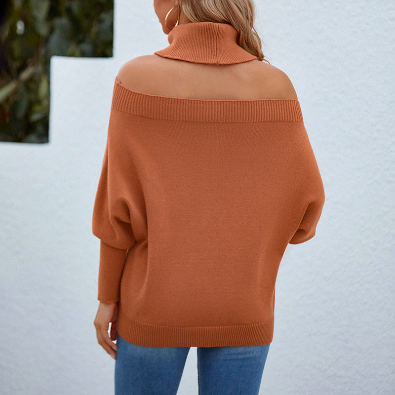 Damen Oversized-Strickpullover mit schulterfreiem Design und hohem Kragen EB