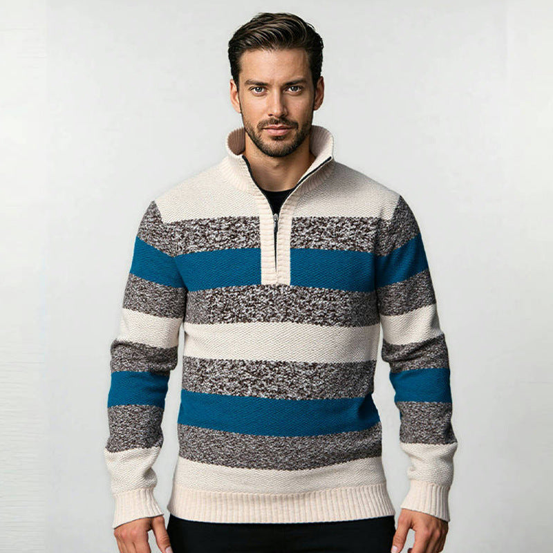 Herren modischer Strickpullover mit halbem Reißverschluss und gestreiftem Design EB