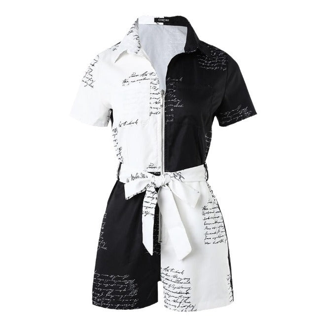 Damen Stylisches Jumpsuit mit Schriftmuster und Taillengürtel EB