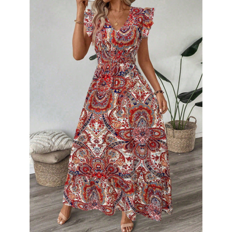 Damen Maxikleid mit raffinierten Volantärmeln und aufwendig floralem Muster EB