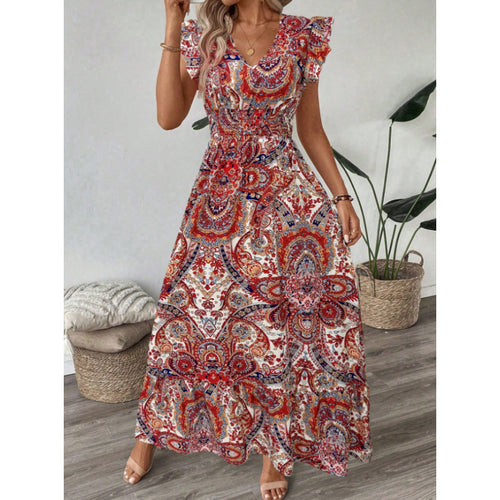Damen Maxikleid mit raffinierten Volantärmeln und aufwendig floralem Muster EB