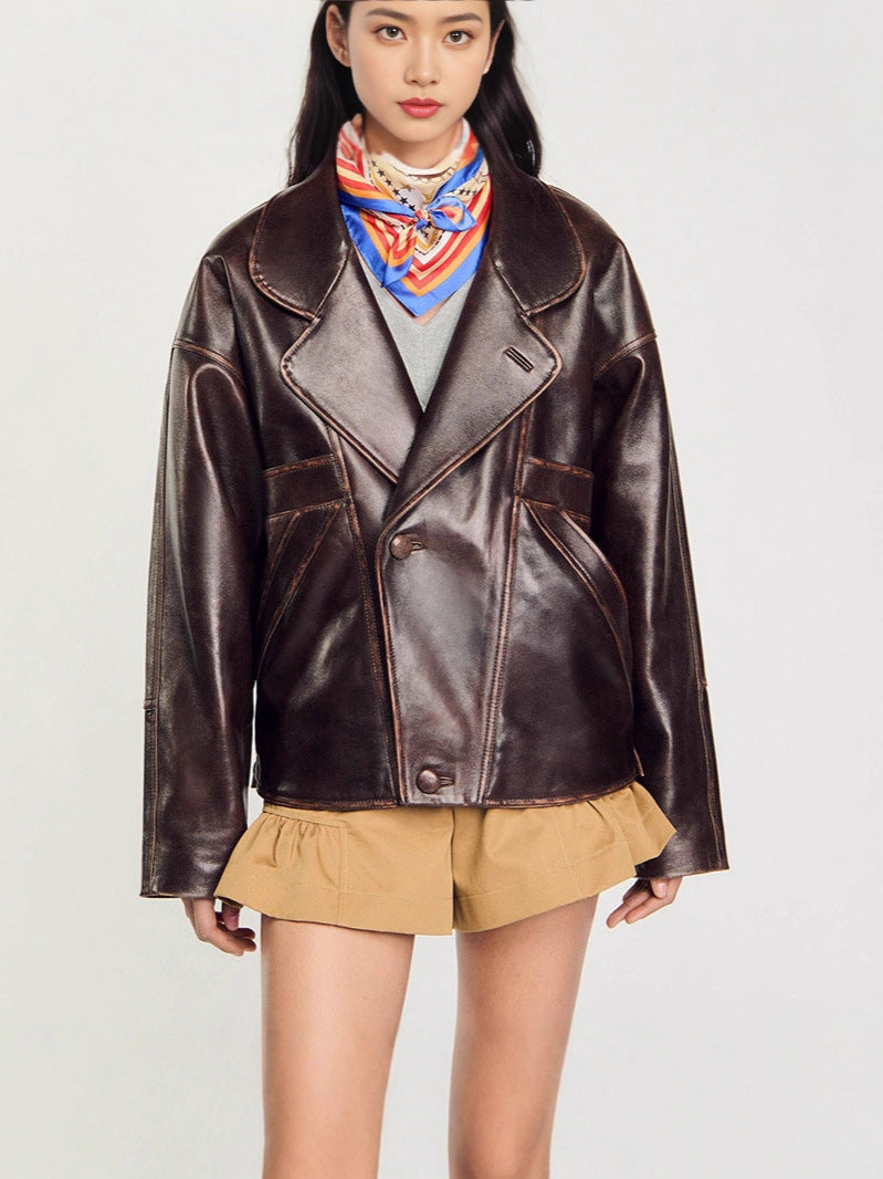 Damen Kunstlederjacke im lässigen Schnitt mit praktischen Taschen und stilvollem Revers EB