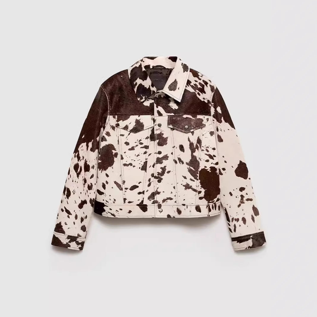 Damen modische Lammfelljacke mit auffälligem Tiermotiv EB