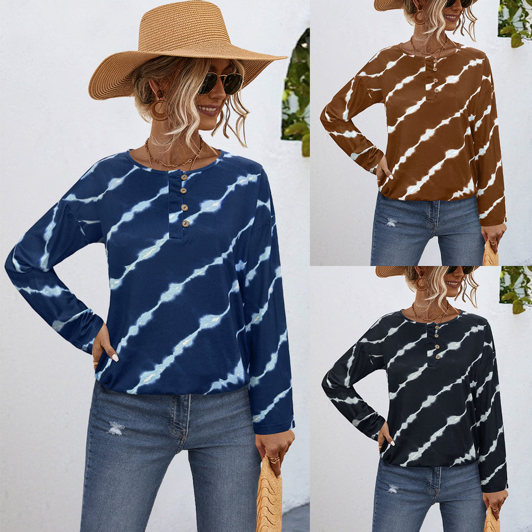 Damen Langarmshirt mit dekorativem Knopfleisten-Design und modernem Batikmuster EB