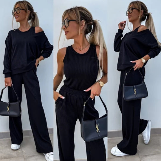 Damen nan elegantes Rippstrick-Zweiteiler Lounge-Set mit einseitigem Schulterfreischnitt und weitem Palazzo-Hosenbein EB