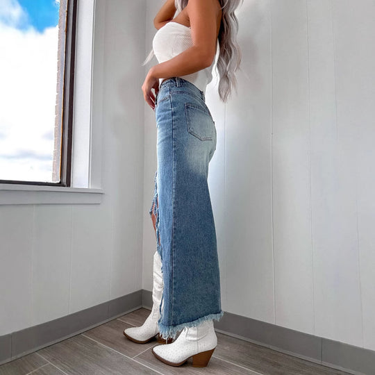 Damen Jeansrock mit fransigem Saum und hohem Schlitz EB