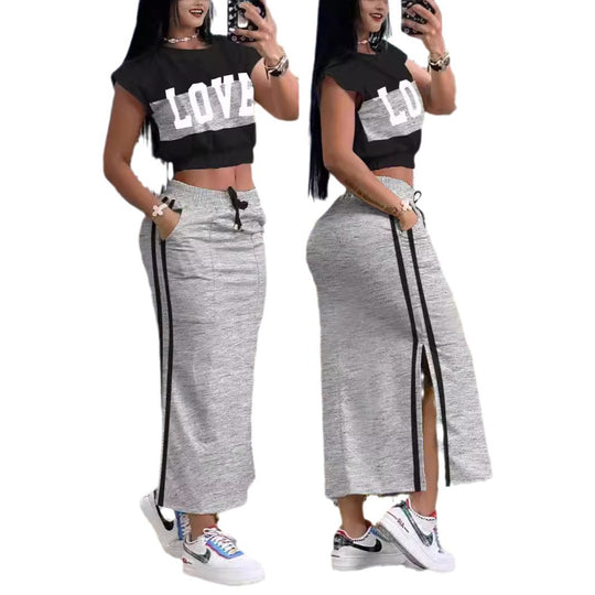 Damen Sportliches Crop-Top und Maxirock Set EB