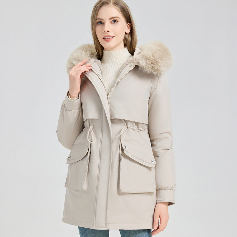 Damen Modische Pufferjacke mit abnehmbarem Kunstpelzkragen und funktionalen Taschen EB