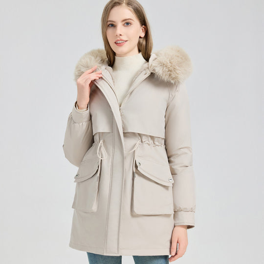 Damen Modische Pufferjacke mit abnehmbarem Kunstpelzkragen und funktionalen Taschen EB