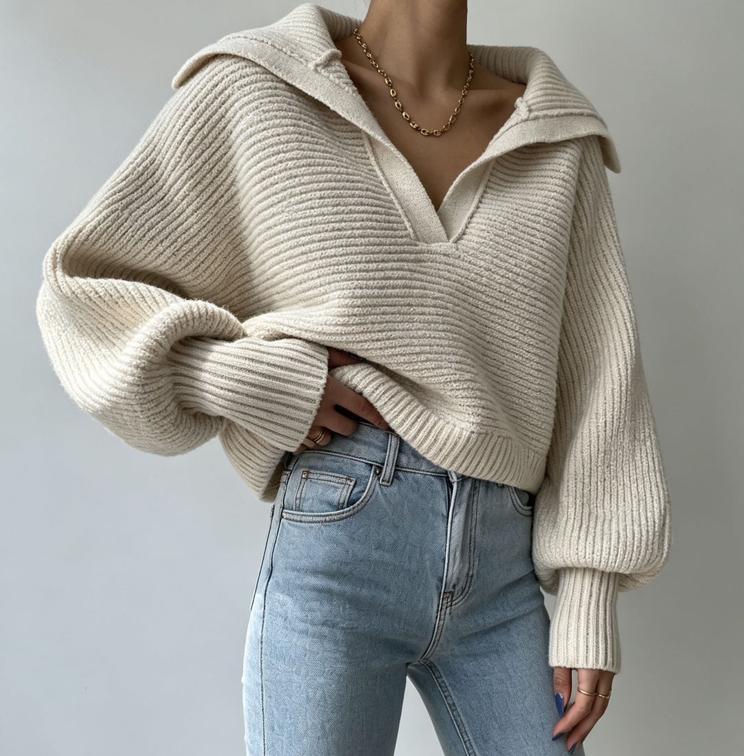 Damen Oversize-Strickpullover mit Matrosenkragen und tiefem V-Ausschnitt EB