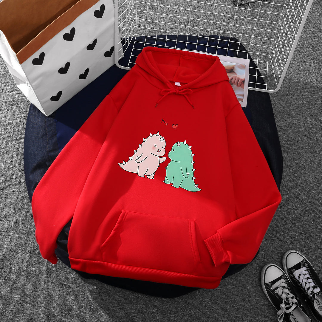 Damen nan Kapuzenpullover mit niedlicher Dinosaurierpärchen‑Illustration, Oversize‑Schnitt und Kängurutasche EB
