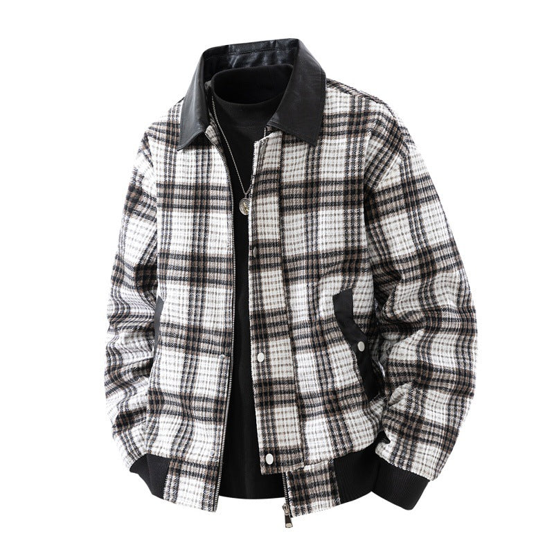 Herren karierte Overshirt-Jacke mit Kunstlederkragen, gefüttertem Innenfutter und elastischen Bündchen EB
