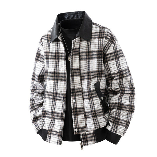 Herren karierte Overshirt-Jacke mit Kunstlederkragen, gefüttertem Innenfutter und elastischen Bündchen EB