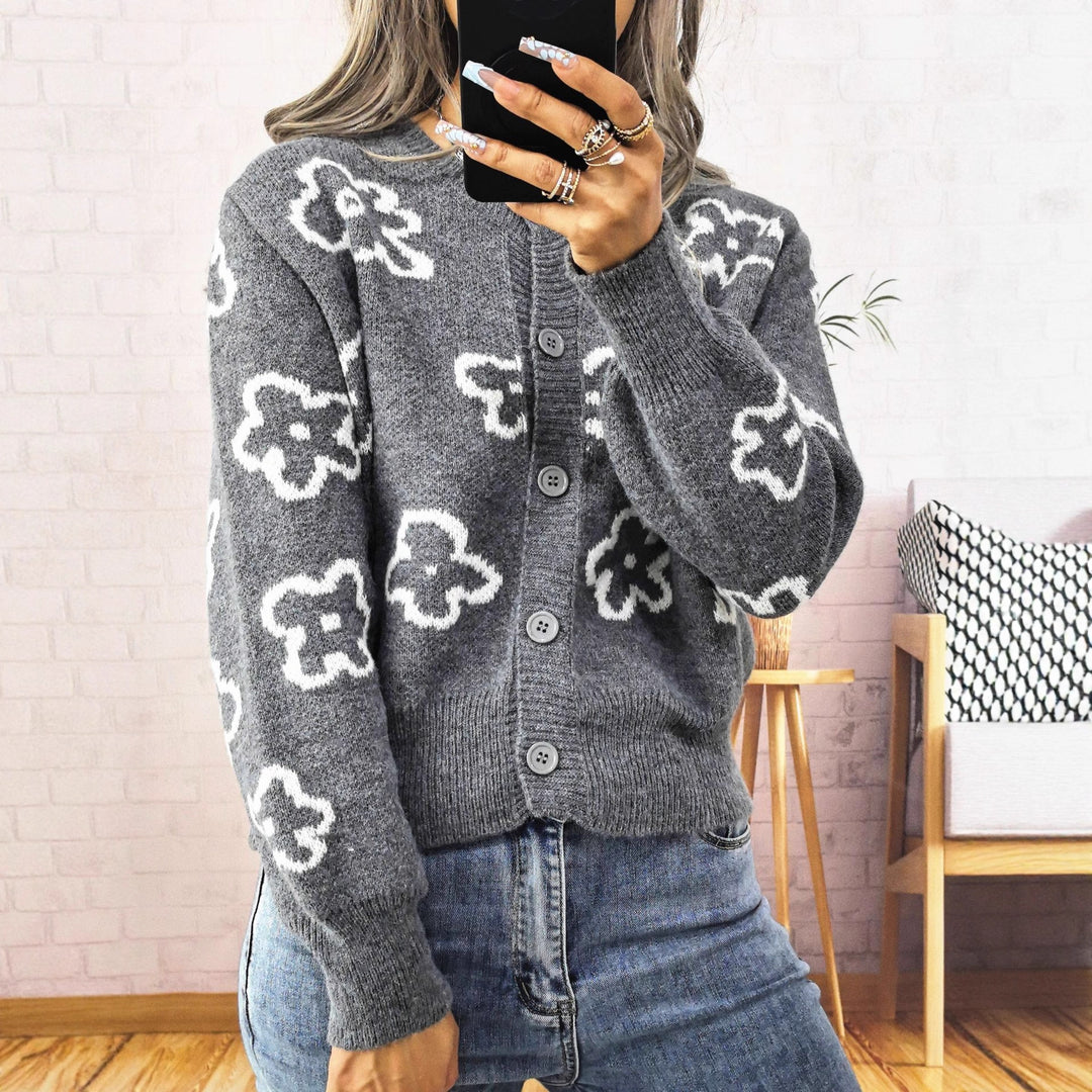 Damen gemütliche Strickjacke mit floralem Muster und Knopfverschluss EB