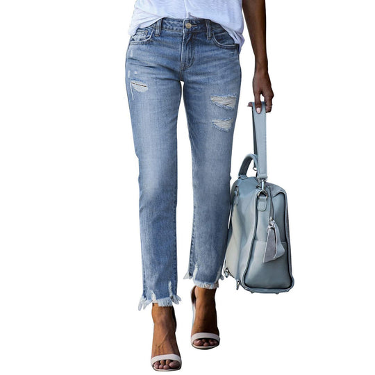 Damen Vintage Slim-Fit Jeans mit fransigem Saum und modischen Rissen EB