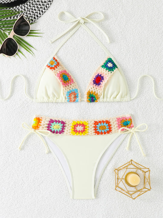 Damen Triangel-Bikini-Set mit buntem Häkelbund EB