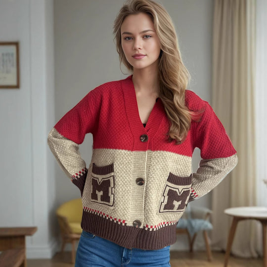 Damen Strickjacke mit dekorativen Taschen und modernem Farbblockdesign EB