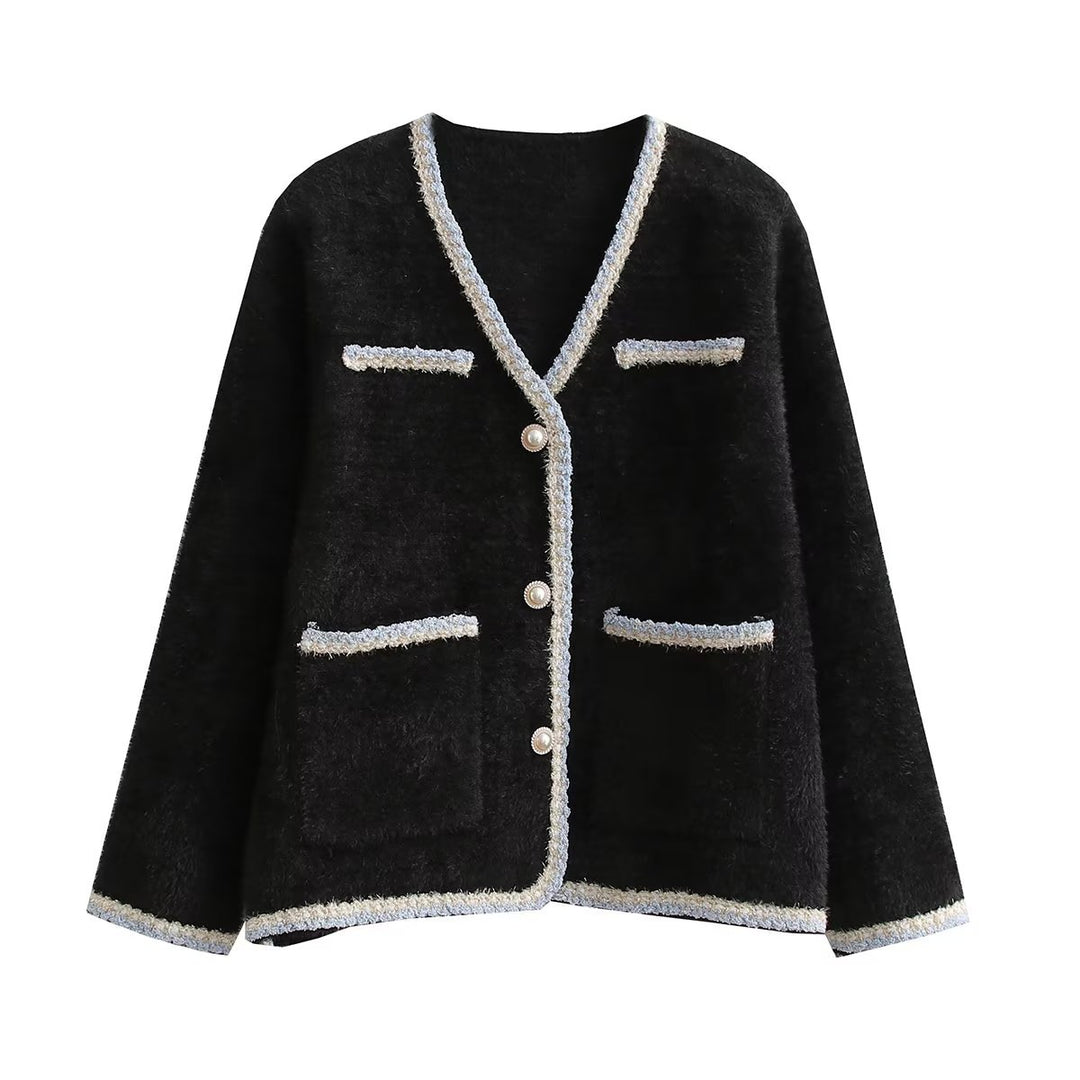 Damen elegante Strickjacke mit dekorativen Perlenknöpfen und praktischen Taschen EB