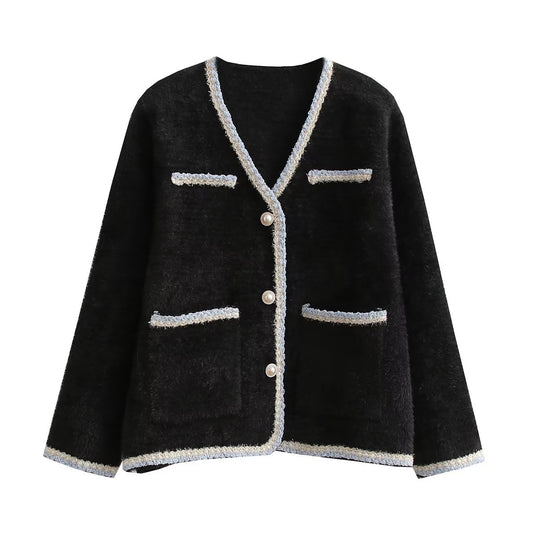 Damen elegante Strickjacke mit dekorativen Perlenknöpfen und praktischen Taschen EB