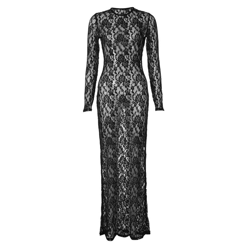 Damen Spitzenabendkleid mit elegantem Rückenausschnitt und langem Arm EB