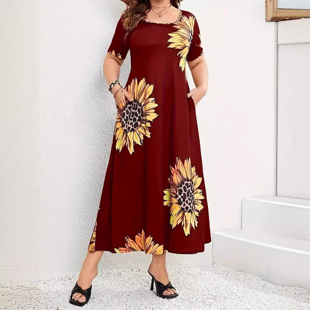 Damen Sommerliches Maxikleid mit floralem Sonnenblumenmuster und praktischen Taschen EB