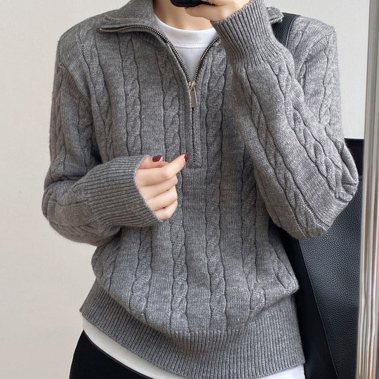Damen Kuscheliger Strickpullover mit Stehkragen und Zopfdesign EB