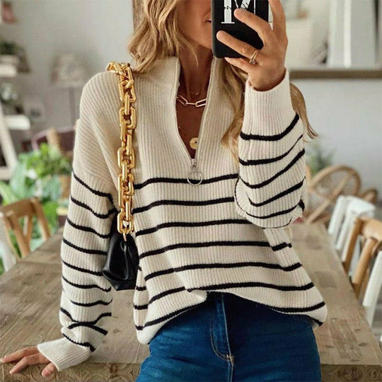 EB | Pullover - Damen Herbstgestreifter Halb-Zip Strickpullover