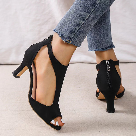 Damen Peeptoe-Sandaletten mit T-Riemen, Reißverschluss hinten und mittelhohem geschwungenem Absatz EB