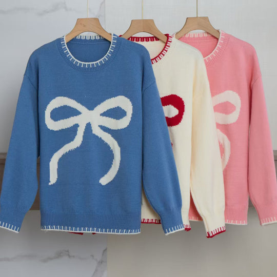 Damen Gemütlicher Sweatpullover mit Schleifenmotiv und bequemen Ärmeln EB