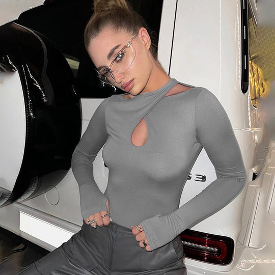 Damen figurbetonter Bodysuit mit asymmetrischem Ausschnitt und langem Arm EB