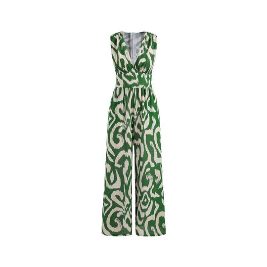 Damen Modischer Maxijumpsuit mit tiefem V-Ausschnitt und elastischem Taillengürtel EB