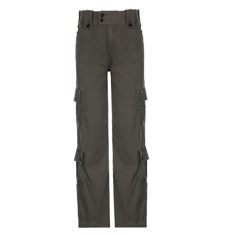 Damen nan hohe Taille Cargo-Hose mit geradem Bein, mehrfachen Klappentaschen und markanten Knopfdetails EB