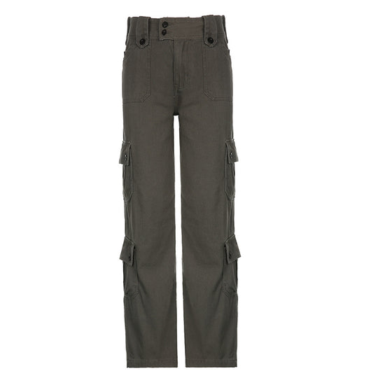Damen nan hohe Taille Cargo-Hose mit geradem Bein, mehrfachen Klappentaschen und markanten Knopfdetails EB