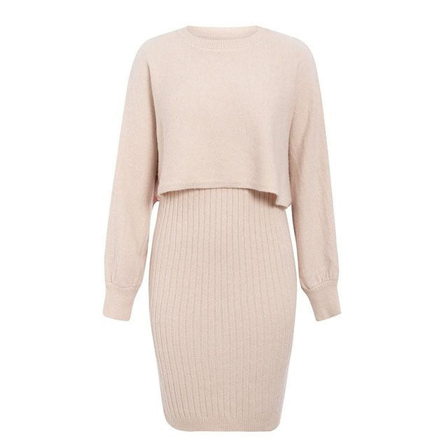 Damen Strickkleid mit kontrastierendem Oberteil und geripptem Rock EB