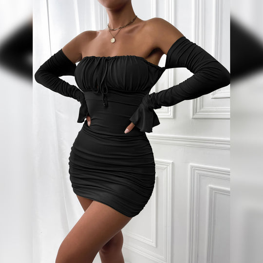 Damen Off-Schulter Minikleid mit Schößchen und langen Ärmeln EB