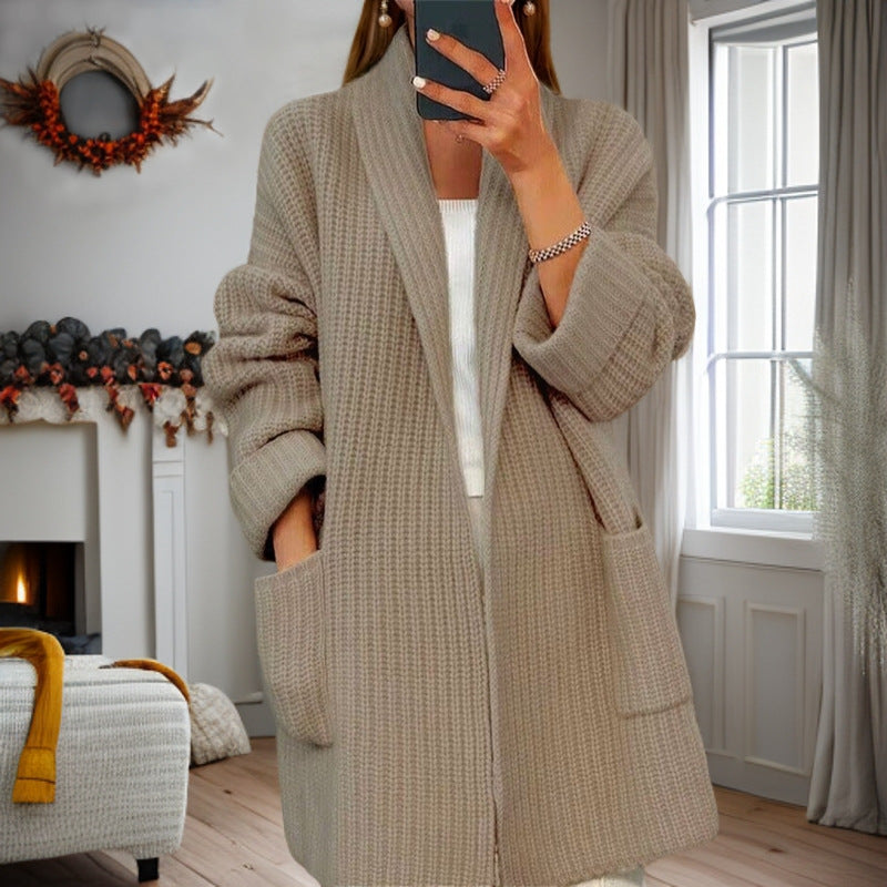 Damen nan langer übergroßer Strickmantel mit Schalkragen und aufgesetzten Taschen EB