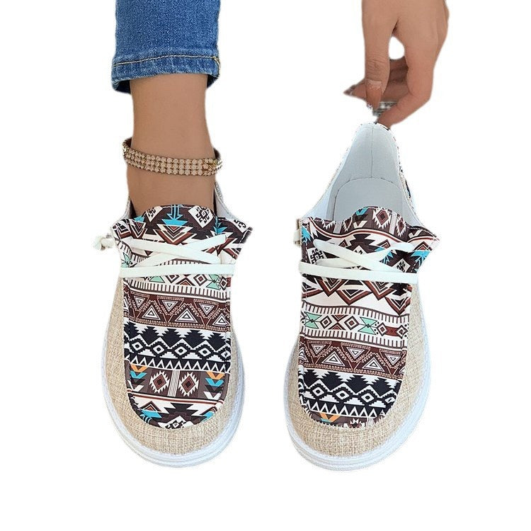 Damen Bequeme Sneaker mit buntem Tribal-Muster und elastischen Schnürsenkeln EB
