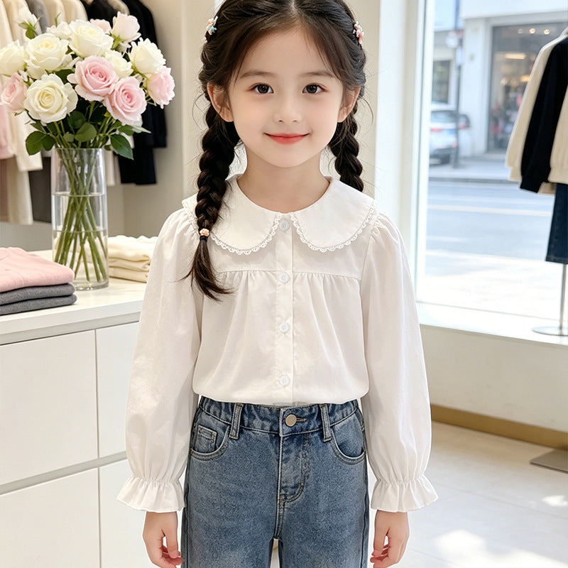 Mädchen elegante Bluse mit rüschenbesetztem Kragen EB