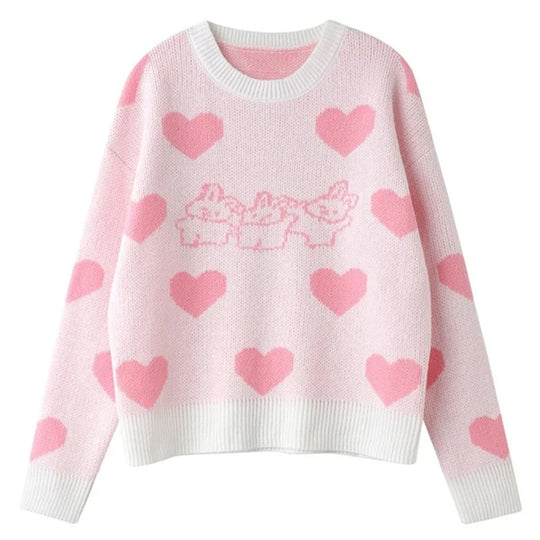 Damen Gemütlicher Pullover mit Herz-Design und verspielten Hasenmotiven EB